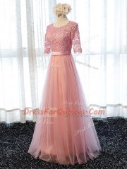 Spectacular Scoop Half Sleeves Lace Up Vestidos de Damas Pink Tulle