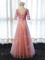 Spectacular Scoop Half Sleeves Lace Up Vestidos de Damas Pink Tulle