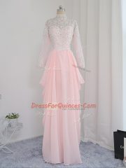 Deluxe Baby Pink Prom Party Dress Prom and Party and Military Ball with Beading High-neck Sleeveless Zipper