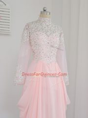 Deluxe Baby Pink Prom Party Dress Prom and Party and Military Ball with Beading High-neck Sleeveless Zipper