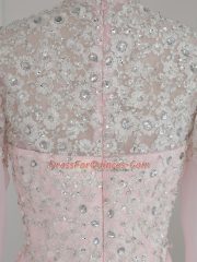 Deluxe Baby Pink Prom Party Dress Prom and Party and Military Ball with Beading High-neck Sleeveless Zipper