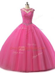 Spectacular Hot Pink Ball Gowns Beading and Lace Quinceanera Gown Lace Up Tulle Sleeveless Floor Length