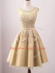 Gold A-line Tulle Scoop Sleeveless Lace Knee Length Lace Up Vestidos de Damas