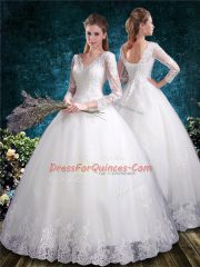 Elegant Half Sleeves Tulle Floor Length Lace Up 15th Birthday Dress in White with Lace