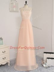 Suitable Peach Empire Bateau Sleeveless Chiffon Floor Length Backless Lace Quinceanera Dama Dress