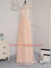 Suitable Peach Empire Bateau Sleeveless Chiffon Floor Length Backless Lace Quinceanera Dama Dress