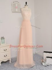 Suitable Peach Empire Bateau Sleeveless Chiffon Floor Length Backless Lace Quinceanera Dama Dress