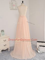 Suitable Peach Empire Bateau Sleeveless Chiffon Floor Length Backless Lace Quinceanera Dama Dress