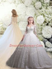 White 3 4 Length Sleeve Lace Zipper Flower Girl Dress