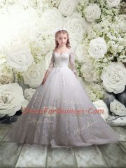 White 3 4 Length Sleeve Lace Zipper Flower Girl Dress
