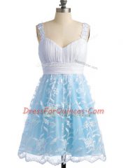 Light Blue Sleeveless Lace Knee Length Quinceanera Court Dresses