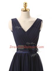 Sleeveless Chiffon Mini Length Lace Up Dama Dress for Quinceanera in Navy Blue with Hand Made Flower