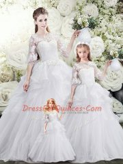 Decent White Half Sleeves Sweep Train Lace and Ruffles Sweet 16 Dresses