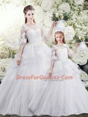 Decent White Half Sleeves Sweep Train Lace and Ruffles Sweet 16 Dresses