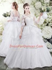 Decent White Half Sleeves Sweep Train Lace and Ruffles Sweet 16 Dresses