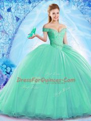 Elegant Sleeveless Organza Brush Train Lace Up 15th Birthday Dress in Turquoise with Beading