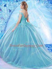 Elegant Sleeveless Organza Brush Train Lace Up 15th Birthday Dress in Turquoise with Beading