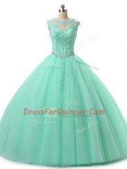 Amazing Sleeveless Tulle Floor Length Lace Up Quinceanera Dresses in Apple Green with Beading and Lace