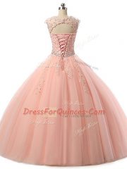 Amazing Sleeveless Tulle Floor Length Lace Up Quinceanera Dresses in Apple Green with Beading and Lace