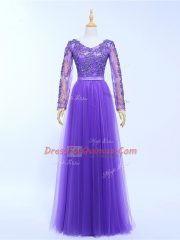 Fitting Lavender Empire Lace and Appliques Prom Evening Gown Lace Up Tulle Long Sleeves Floor Length