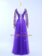Fitting Lavender Empire Lace and Appliques Prom Evening Gown Lace Up Tulle Long Sleeves Floor Length