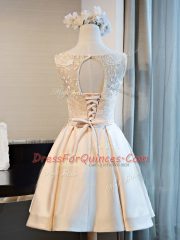 Fitting Scoop Sleeveless Prom Dresses Mini Length Lace Champagne Satin