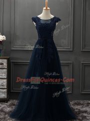 Cute A-line Prom Party Dress Navy Blue Scoop Tulle Sleeveless Floor Length Lace Up