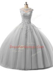 On Sale Tulle Scoop Sleeveless Lace Up Beading and Lace Quince Ball Gowns in Grey