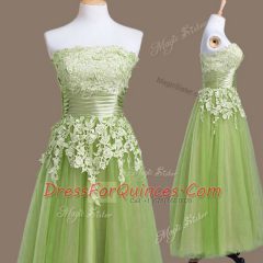 Fitting Empire Tulle Strapless Sleeveless Appliques Tea Length Lace Up Dama Dress for Quinceanera