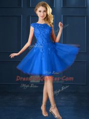 New Style Blue Lace Up Bateau Lace and Belt Quinceanera Dama Dress Tulle Cap Sleeves