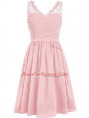 Wonderful Pink Empire Lace and Ruching Quinceanera Court of Honor Dress Side Zipper Chiffon Sleeveless Knee Length