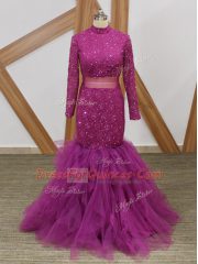 Fantastic High-neck Long Sleeves Tulle Prom Gown Lace and Ruffles Zipper