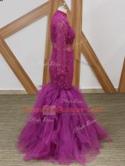 Fantastic High-neck Long Sleeves Tulle Prom Gown Lace and Ruffles Zipper