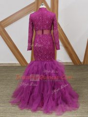 Fantastic High-neck Long Sleeves Tulle Prom Gown Lace and Ruffles Zipper