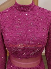 Fantastic High-neck Long Sleeves Tulle Prom Gown Lace and Ruffles Zipper