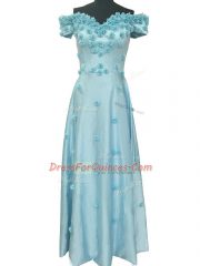 Taffeta Off The Shoulder Sleeveless Zipper Hand Made Flower in Light Blue