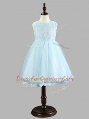 Flare Light Blue Zipper Toddler Flower Girl Dress Lace and Bowknot Sleeveless Knee Length