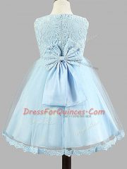 Flare Light Blue Zipper Toddler Flower Girl Dress Lace and Bowknot Sleeveless Knee Length