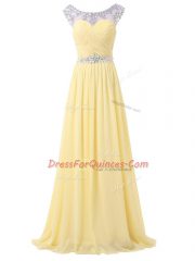 Superior Sleeveless Chiffon Floor Length Backless in Light Yellow with Beading and Ruching