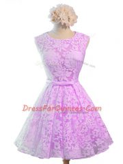 Classical Lilac Dama Dress for Quinceanera Prom and Party and Wedding Party with Belt Scoop Sleeveless Lace Up