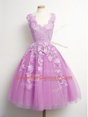 Glamorous Lilac A-line V-neck Sleeveless Tulle Knee Length Lace Up Appliques Quinceanera Court of Honor Dress