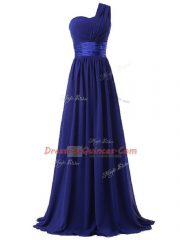 High Class Royal Blue Chiffon Lace Up One Shoulder Sleeveless Floor Length Damas Dress Ruching