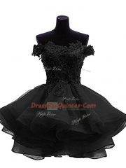 Fashion Black Organza Zipper Off The Shoulder Sleeveless Mini Length Prom Party Dress Beading and Lace and Appliques and Ruffles