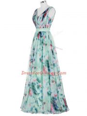 Custom Designed Multi-color Empire Ruching and Belt Dress for Prom Zipper Printed Sleeveless Floor Length