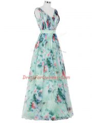 Custom Designed Multi-color Empire Ruching and Belt Dress for Prom Zipper Printed Sleeveless Floor Length
