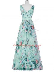 Custom Designed Multi-color Empire Ruching and Belt Dress for Prom Zipper Printed Sleeveless Floor Length