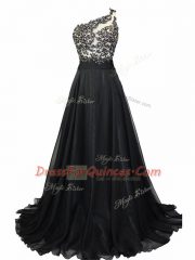 Fancy Black Dress for Prom One Shoulder Sleeveless Brush Train Side Zipper
