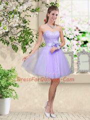 Gorgeous Lilac Sleeveless Lace and Belt Knee Length Quinceanera Court Dresses
