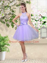 Gorgeous Lilac Sleeveless Lace and Belt Knee Length Quinceanera Court Dresses