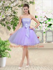 Gorgeous Lilac Sleeveless Lace and Belt Knee Length Quinceanera Court Dresses